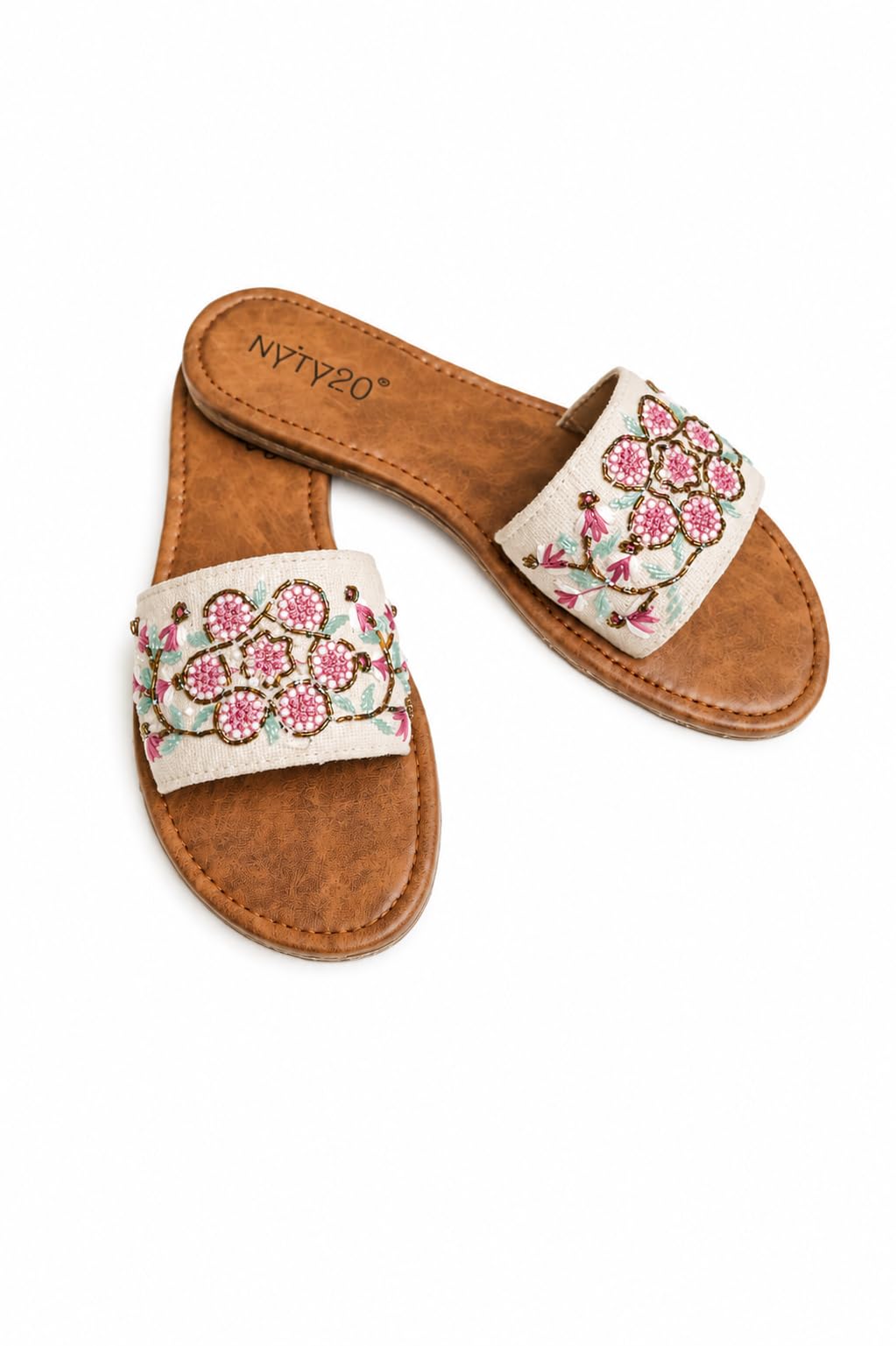 Women's Ethnic Floral Embroidered Flat Slippers | Beaded Open Toe Slip-On Slides with Cushioned Footbed & Anti-Skid Sole-image-33