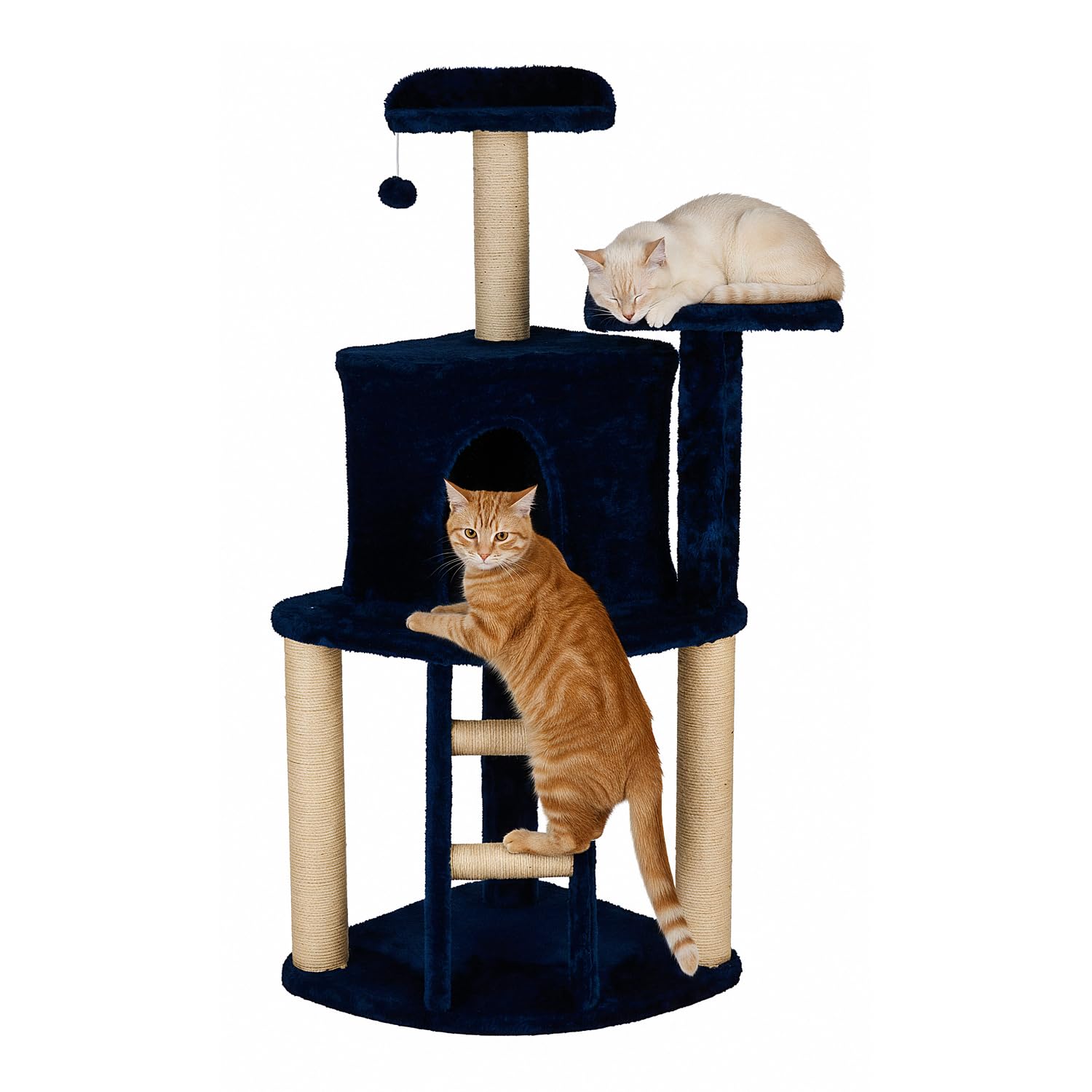 Amazon Basics Cat Tree Climbing Ladder Top Perch Furry Hanging Ball Jute Rope, Matt Black with White (L) Board - 8, Fabric - 1 Pole - 10 Bolt - 21, Allen Key - 1
