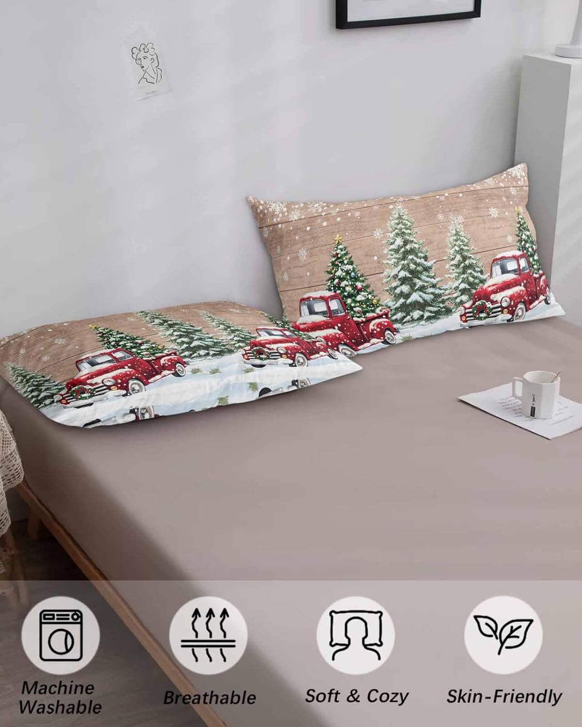 DecorLovee Christmas Red Truck California King Pillow Case - Microfiber Bed Throw Pillow Covers, Winter Farmhouse Snowflakes Wooden Grain Decorative Lumbar Pillow Cover with Envelope Closure 20"x40"