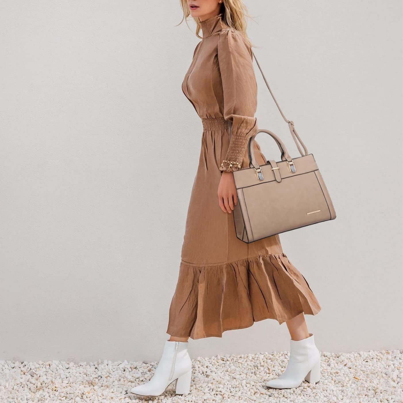 Women's Handbag Flap-over Belt Shoulder Bag Top Handle Tote Satchel Purse Work Bag w/Matching Wristlet