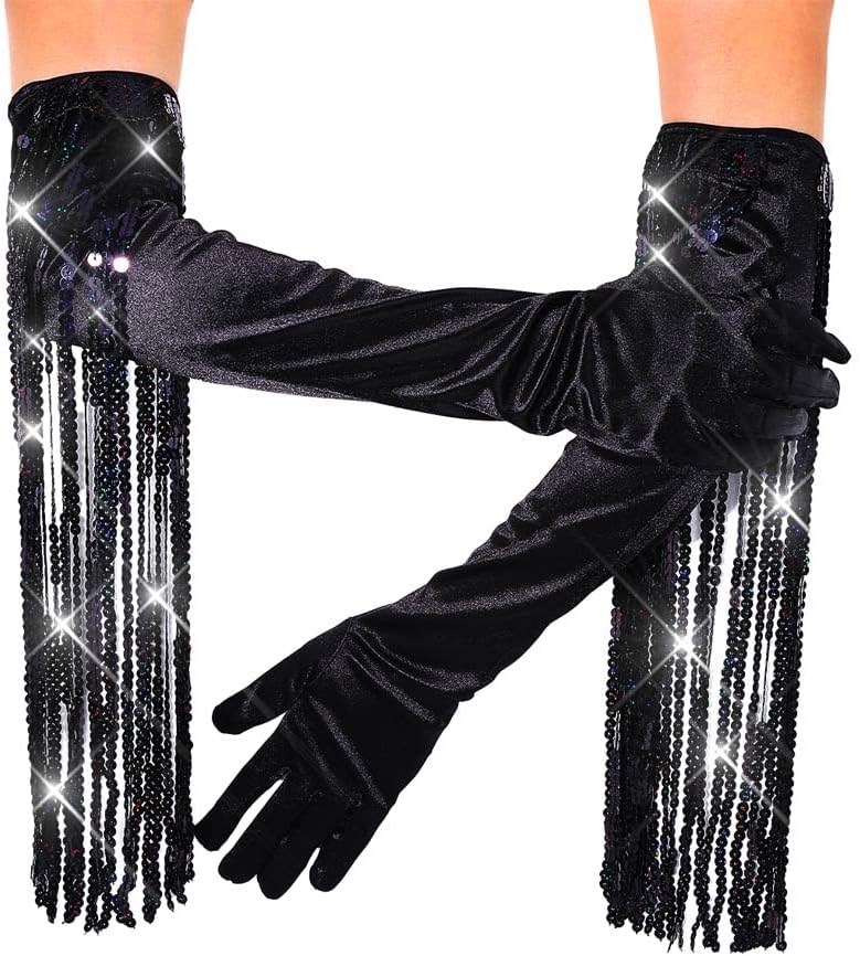 Latious Silver Sequin Fringe Gloves Long 1920s Opera Tassels Gloves Prom Glove Accessories for Women - Image 4