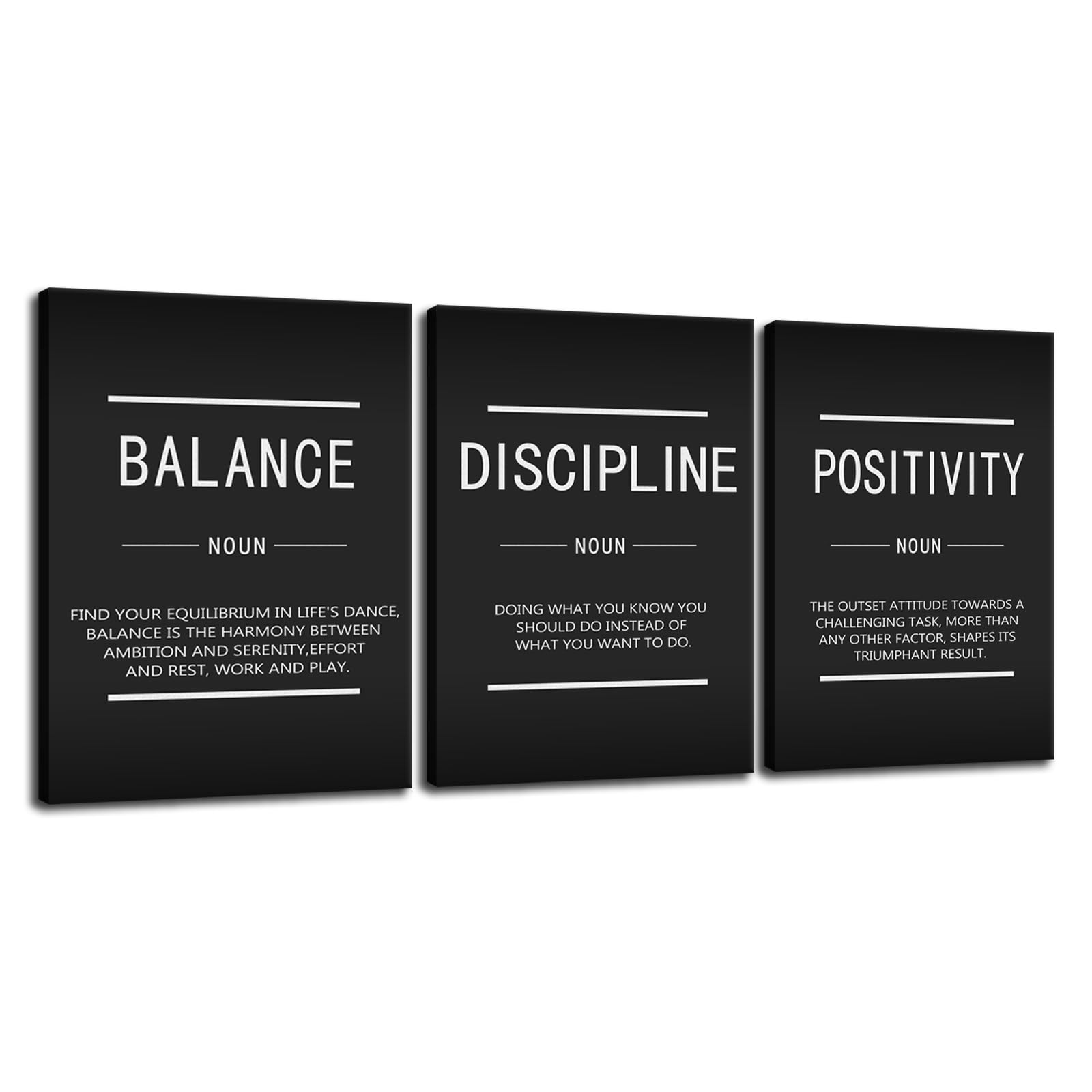 Lienzo inspirador para pared, equilibrio disciplina, positividad, sustantivo, decoración de oficina, 3 piezas, pósteres, impresiones motivacionales para decoración de pared, sala de estar, gimnasio,