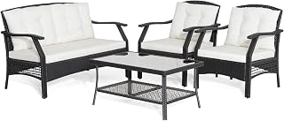 SFAREST 3PCS/4PCS Rattan Bistro Set, Outdoor Garden Sofa Table Set with Removable Cushion, Patio Wicker Dining Furniture Set for Poolside Balcony Backyard (4PCS-With Loveseat)