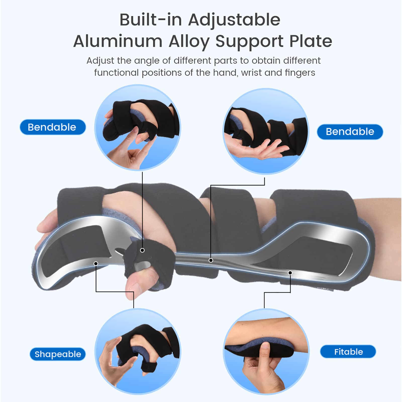 Soporte de Mano en Reposo, férula de Mano para accidente cerebrovascular, Placa de Soporte de Aluminio, separación de Dedos, Correa de Esponja de Doble Capa, para Artritis, tendinitis, síndr