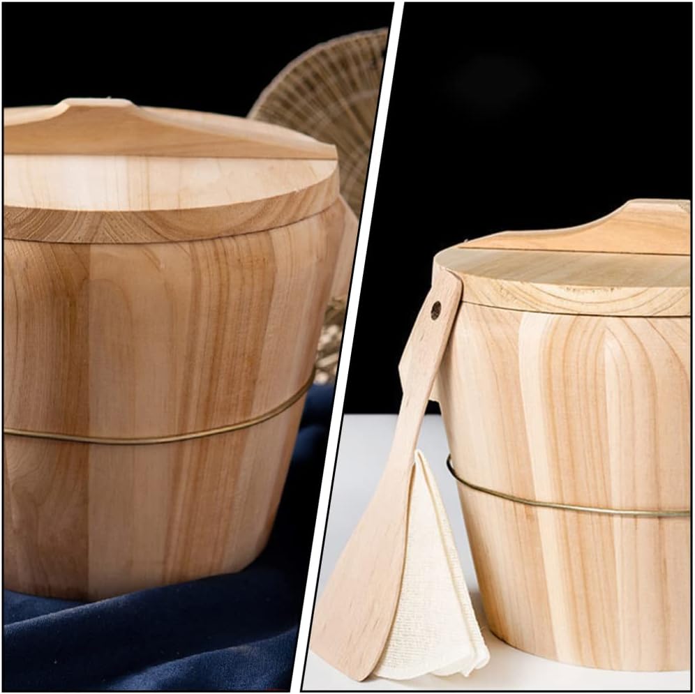 jojofuny Wooden Rice Steamer Bucket 8.26X6.49X6.49 Inch Natural Chinese Material Handmade Steamed Rice Barrel with Iron Handles Removable Bottom for Even Cooking and Easy Cleaning