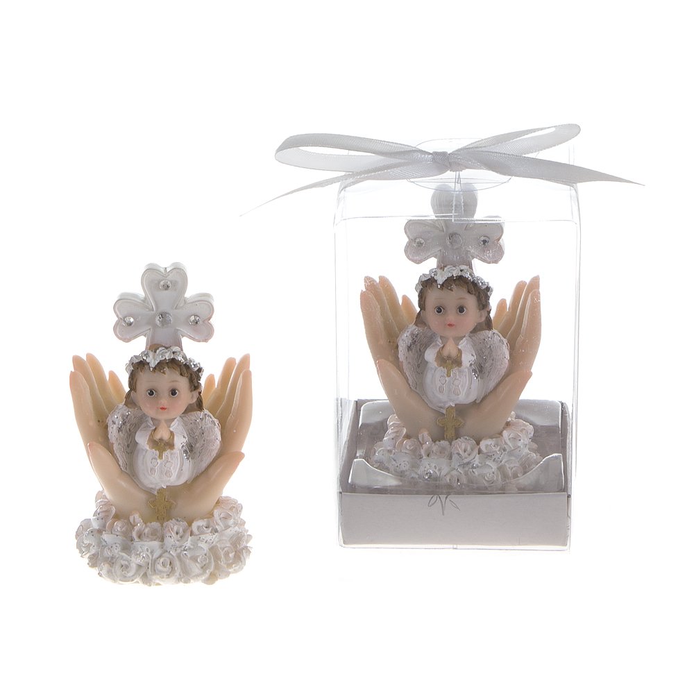 Lunaura Religious Keepsake - Set of 12 "Girl" Baby on Palm Wearing White Clothes Praying Favors