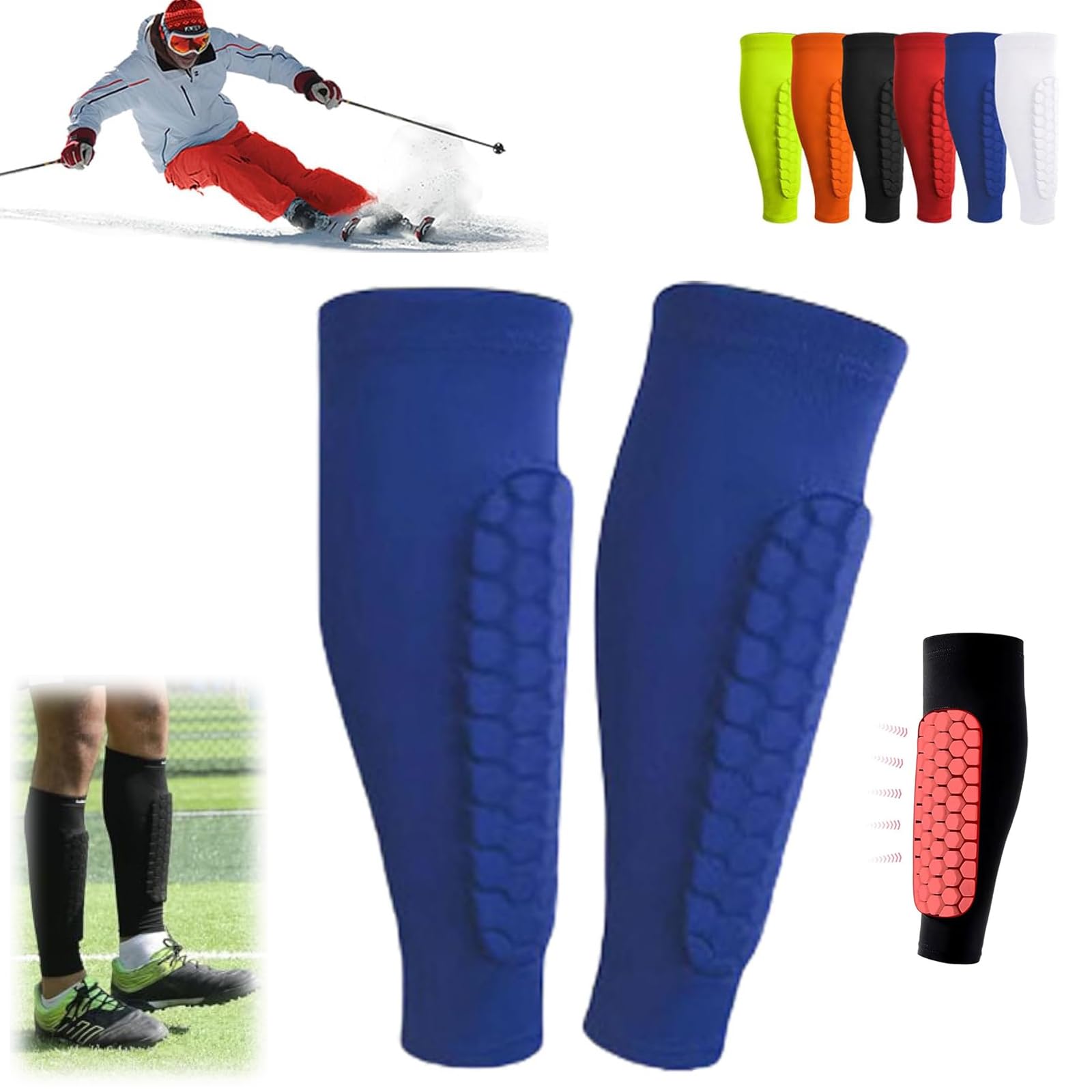 Ski Shin Guards, Football Shin Pads, Ski Shin Protection with Honeycomb Pads, Long Breathable Elastic Ski Shin Pads, Ski Shin Pads, and Ski Guard Socks, Lightweight (Blue, S)