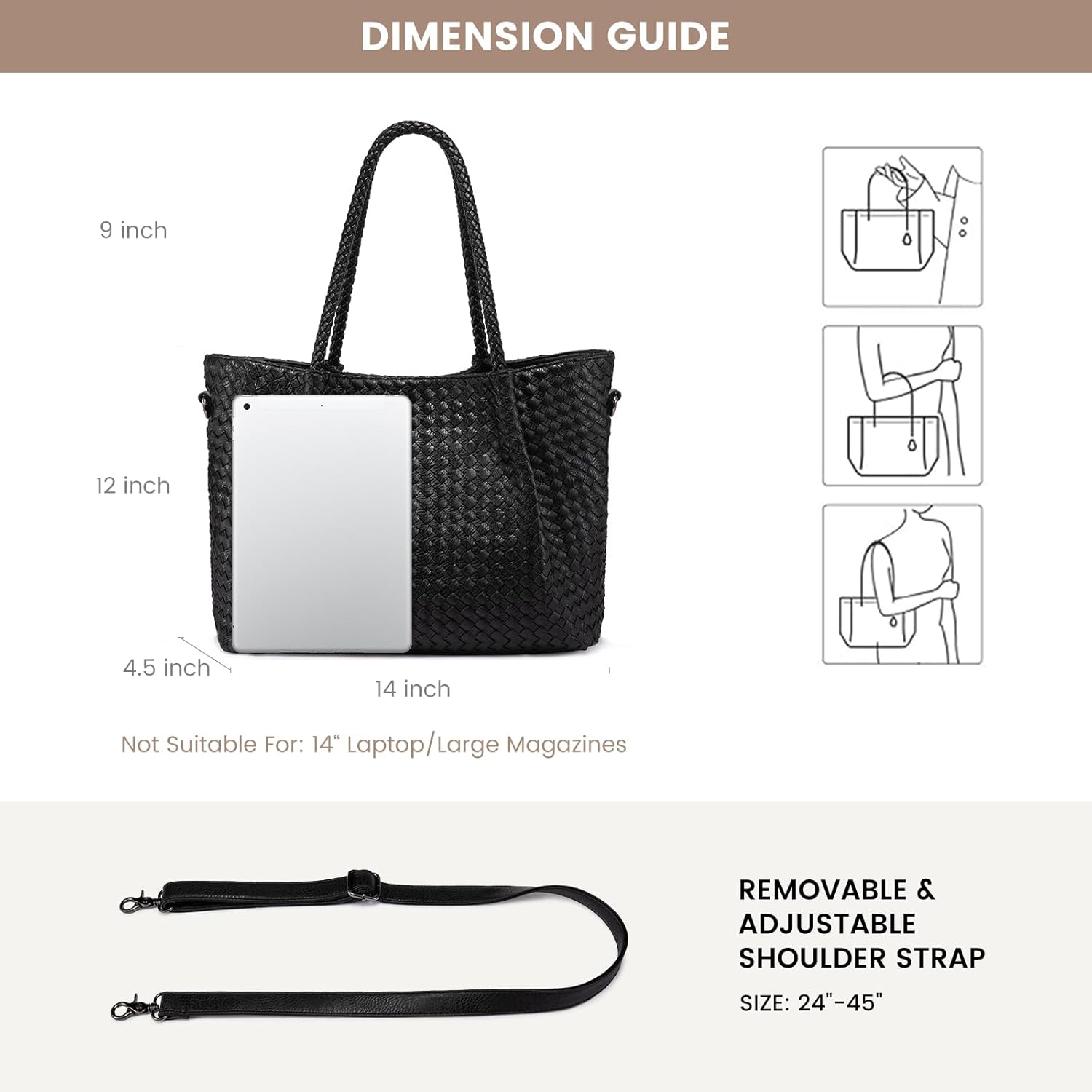 LOVEVOOK Woven Tote Bag for Women Vegan Leather Shoulder Handbag for Travel Work Crossbody Purse - Image 5