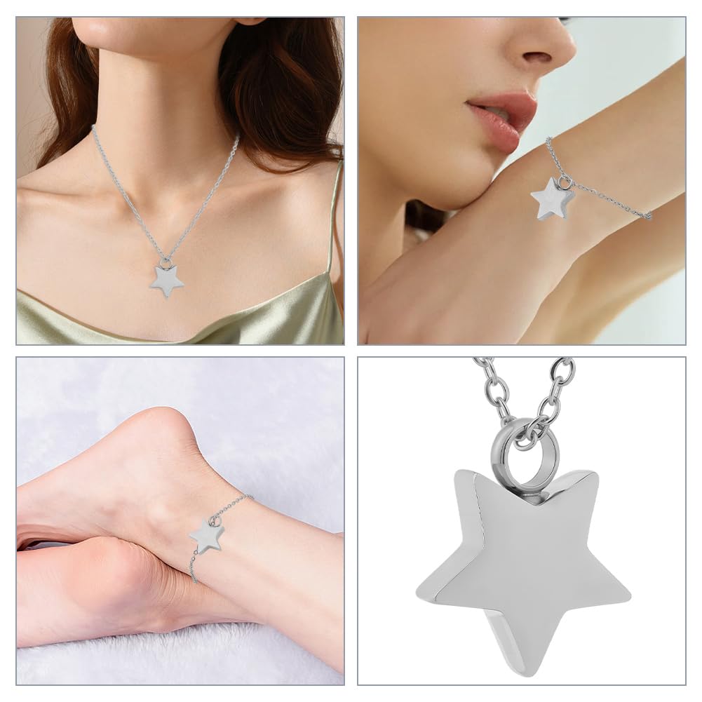 CREATCABIN Collana Urna A Forma Stella per Ceneri Ricordo Gioielli per Cremazione Urne Acciaio Inossidabile Ciondolo Mini Urna Collana Stella Argentata Medaglioni Portacenere Spilla A Imbuto 45.7cm