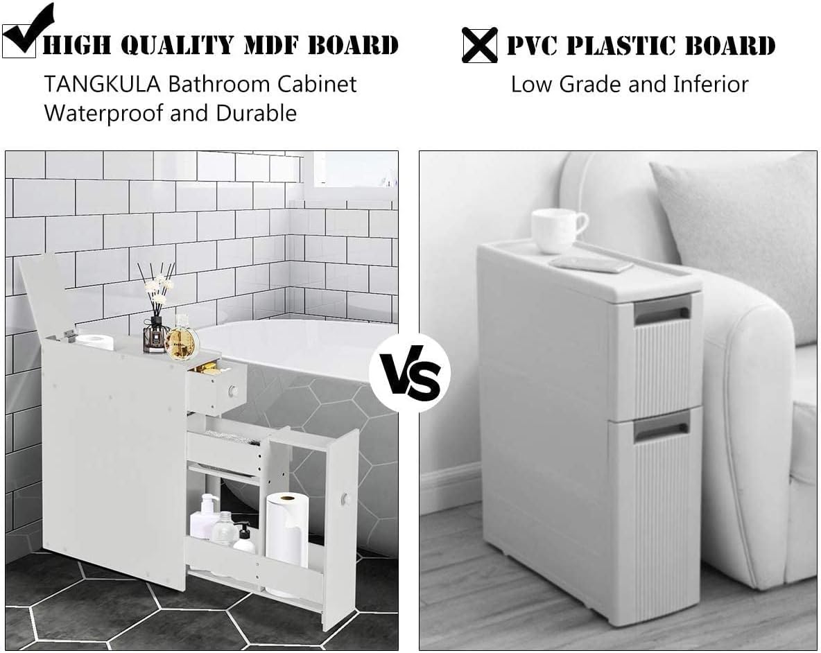 FANTASK Slim Bathroom Storage Cabinet, Toilet Narrow Floor Organizer w/Toilet Tissue Magazine Shelf Holder & 2 Slide Out Drawers, Corner Storage Cabinet for Home Bathroom Living Room, White