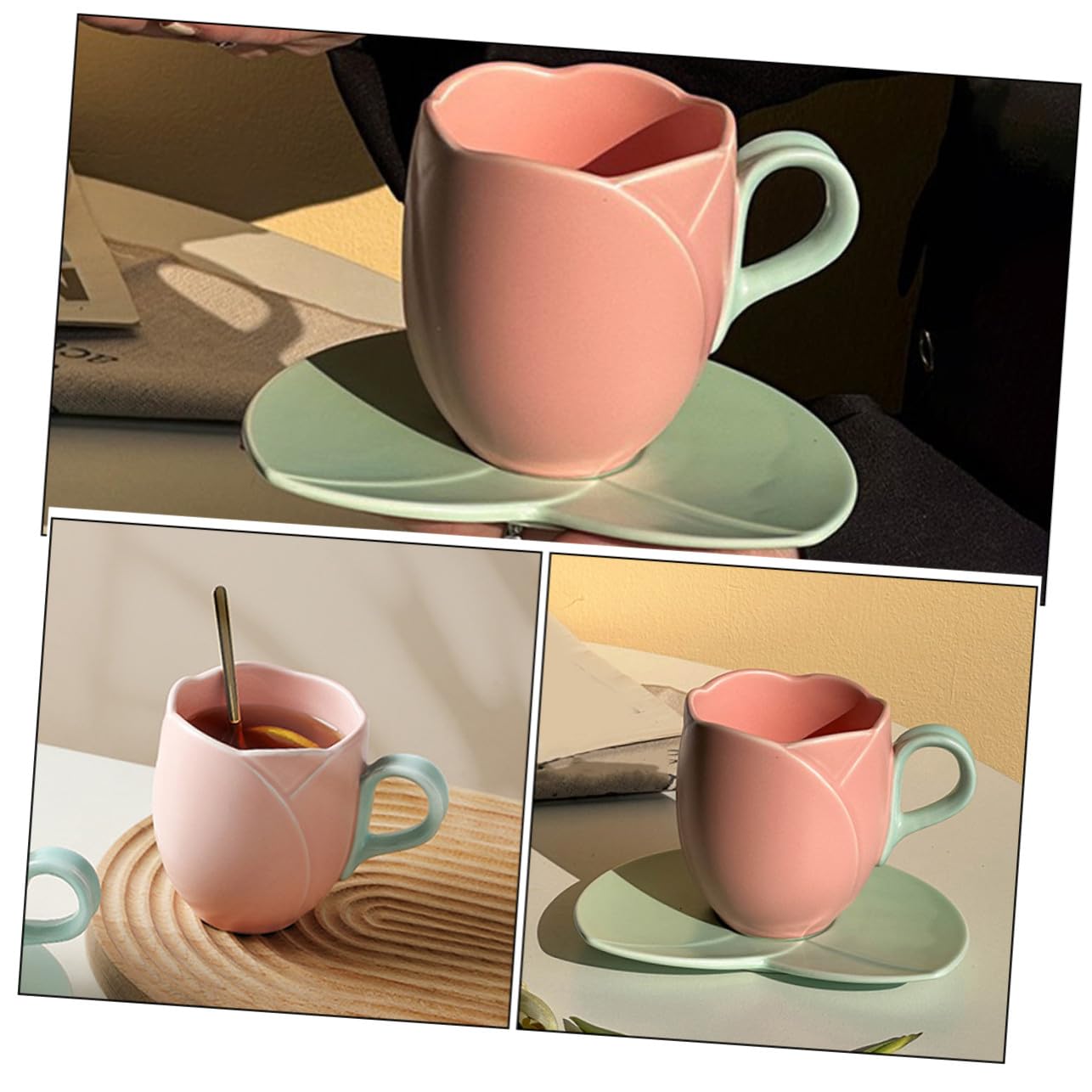 BESTYASH Taza de Café de Cerámica con Platillo Taza de Tulipán Rosa para Desayuno de Agua con Asa para Beber de Leche para Hogar