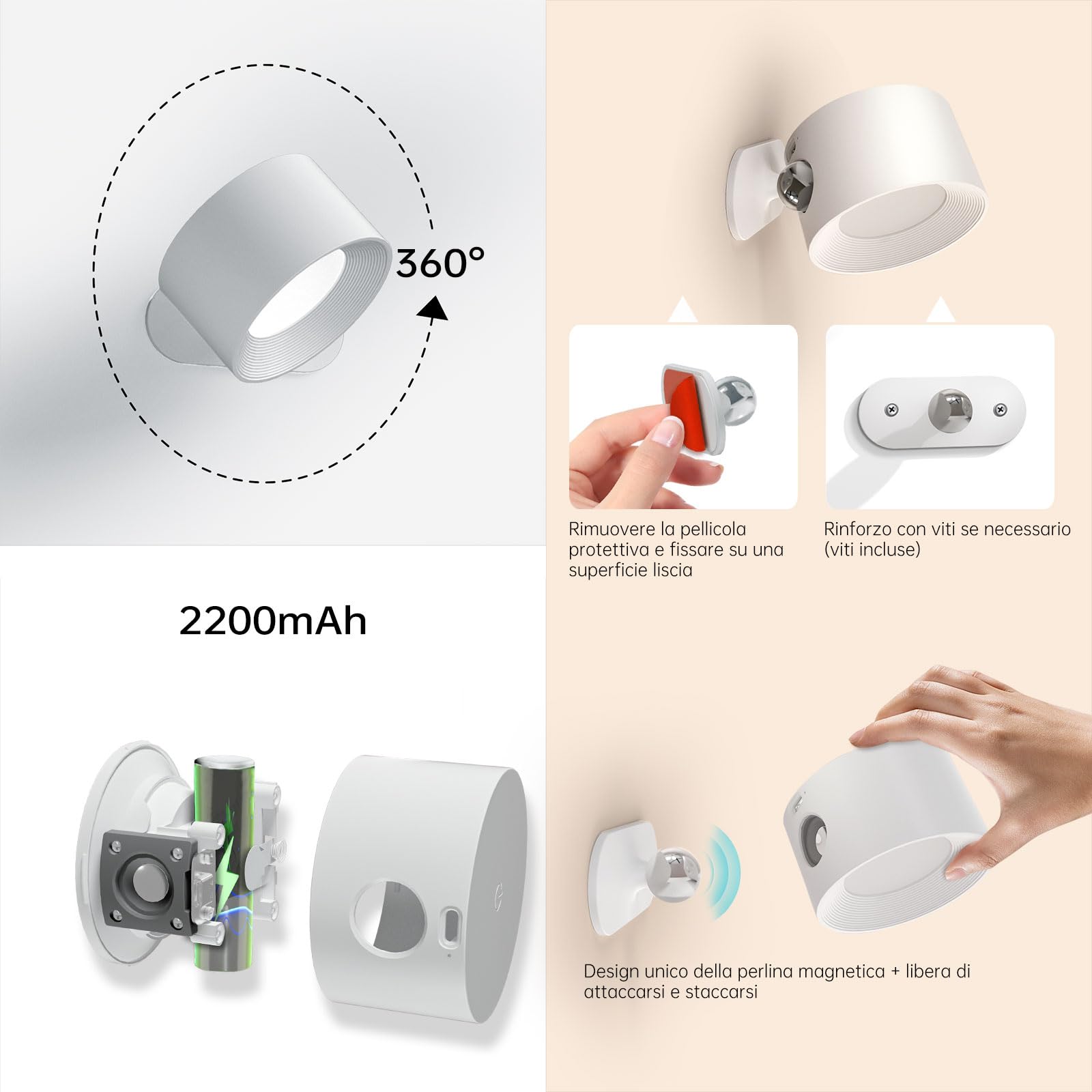 Coollamp 2pz Luci da Parete a Batteria, Applique da Parete per Interni con 3 Modalità di Colore, 3 Livelli di Luminosità, Rotazione di 360°, Controllo Tattile, Lampada da Muro per Lettura