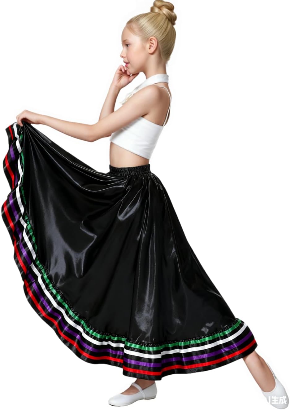Mexican Folkloric Dance Skirt, Girls | Long Satin, Performance Skirt, Multicolor Ribbon Trim
