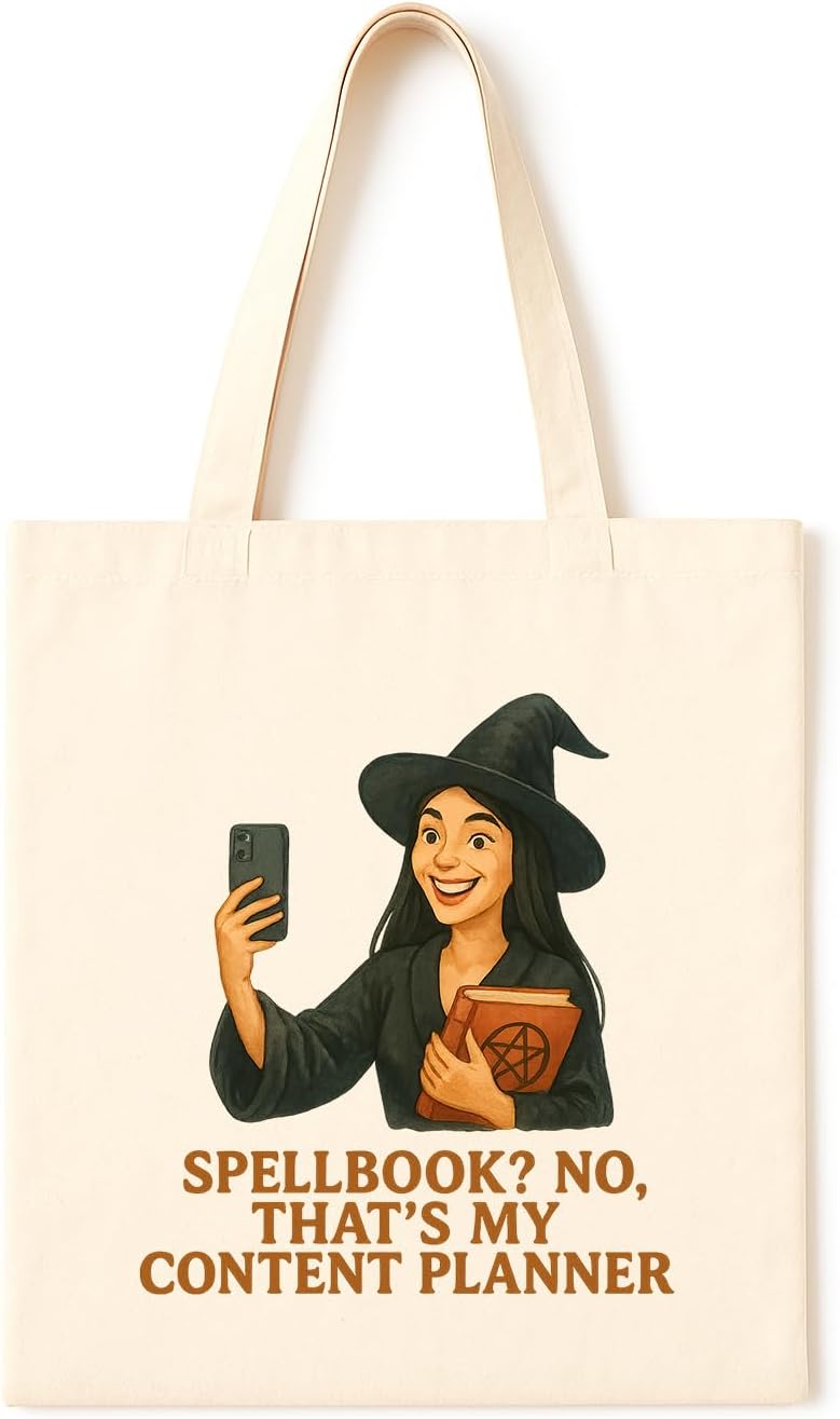 Spellbook Content Planner Tote ~ Modern witch smiling with smartphone and pentagram planner, perfect for influencers and digital creators