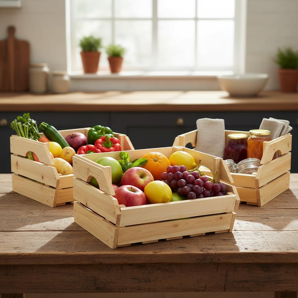 Melko Holzkiste Obstkiste 3 Stück 38x27x20 cm stapelbar Weinkiste Natur | Fichtenholz in Panel-Optik, schräge Öffnung zur leichten Entnahme, halbrunde Grifföffnungen, auch als Gemüsekiste und Deko