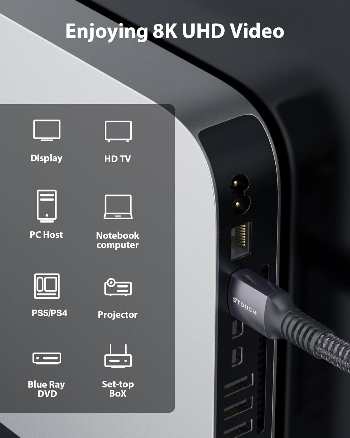 Stouchi HDMI Cable 8FT, 48Gbps Ultra High Speed HDMI® Cables Braided 2.1 Cord, 8K60Hz 4K120Hz 144Hz eARC Dynamic HDR HDCP 2.2&2.3 HDR10  Compatible for PS5, PS4, UHD TV and PC