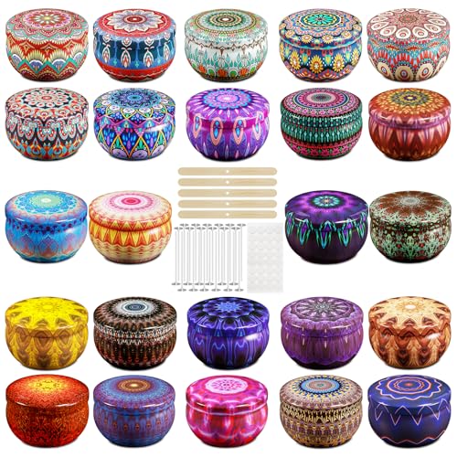 Domivirgo 24 Empty Candle Tins 3 oz with Lids - Simple Candle-Making Kit Includes 26 Wicks 5 Holders & 32 Stickers Multi-Purpose Storage Containers for Crafts & Small Items (3oz)