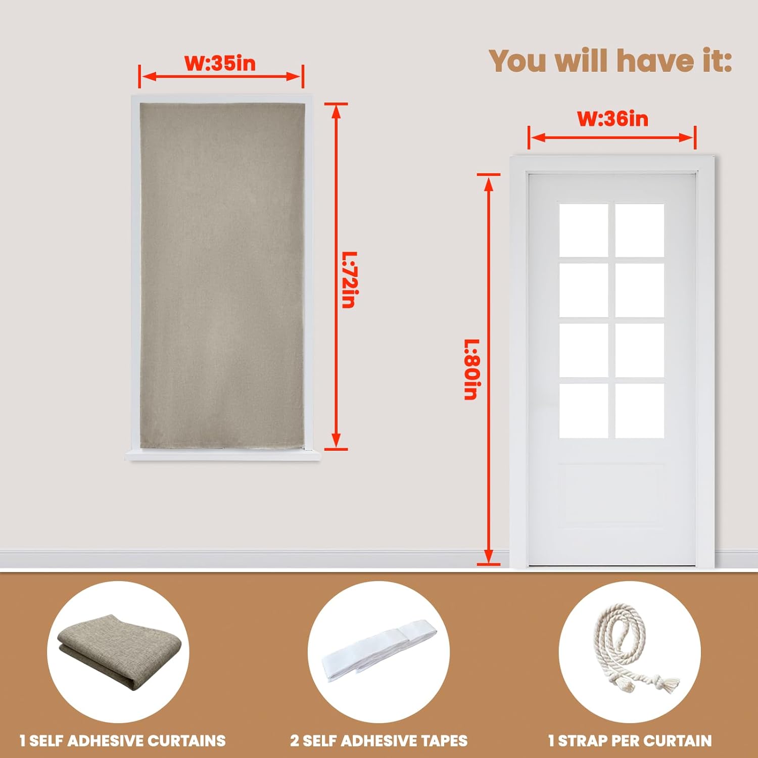 Jilron Adhesive Curtain,100% Blackout Shades,No Rod,Easy to Install,Provides Privacy Protection for Bedrooms (Light Coffee - W35 × L72 in)