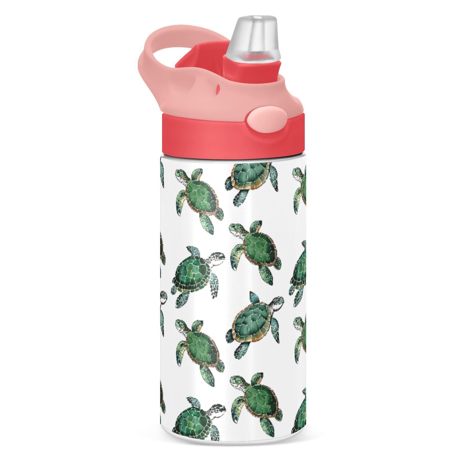Mnsruu Watercolor Sea Turtle Kids Water Bottle with Straw Insulated Stainless Steel Drink Bottle for Girls School 350ml Leakproof Vacuum Hot Cold Water Flask