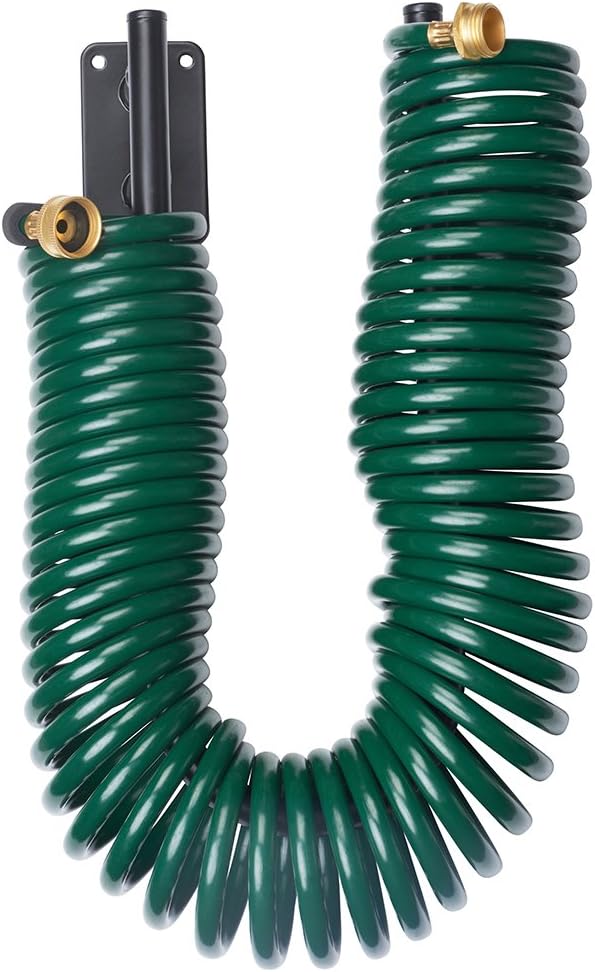 Melnor Garden Coil Hose with All Brass Connectors and Storage Rack; Extends up to 50 Feet