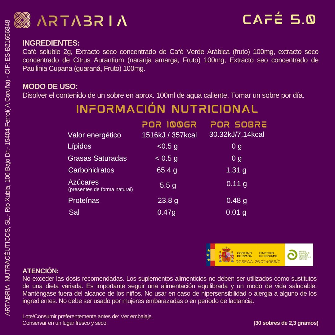 Café Funcional 5.0 | Nutracéuticos | 30 Sobres Individuales | Estimulan el Metabolismo Aumentando el Gasto Energético Cafe ARTABRIA Con Café Verde (ácido clorogénico ACG), Naranja Amarga y Guaraná