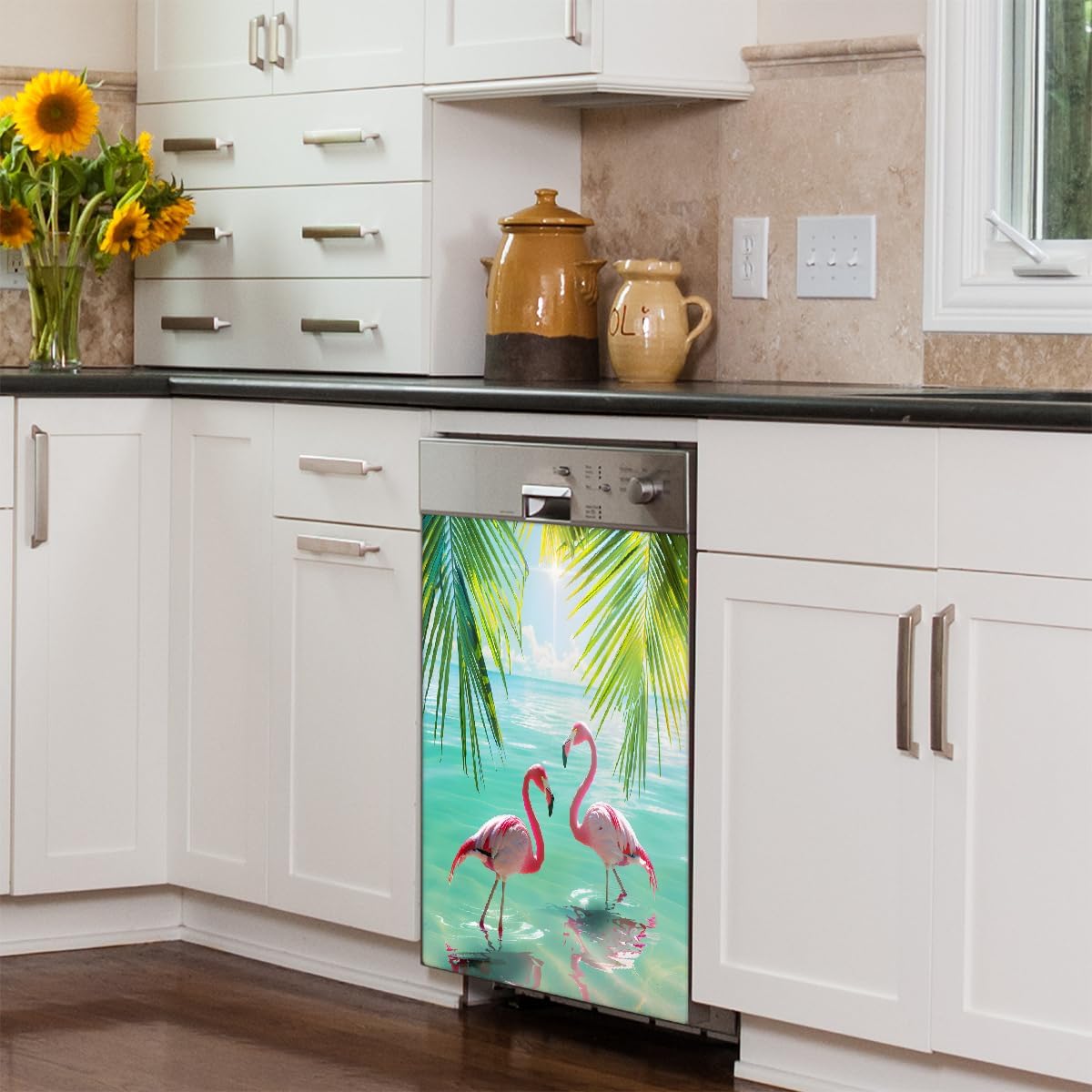 Flamingo Ocean Sunshine Leaves Dishwasher Magnet Cover, Reusable Refrigerator Panel Stickers Microwave Front Door Covers Magnets for Kitchen Home Appliances Holiday Party Decorations 23 X 26 in