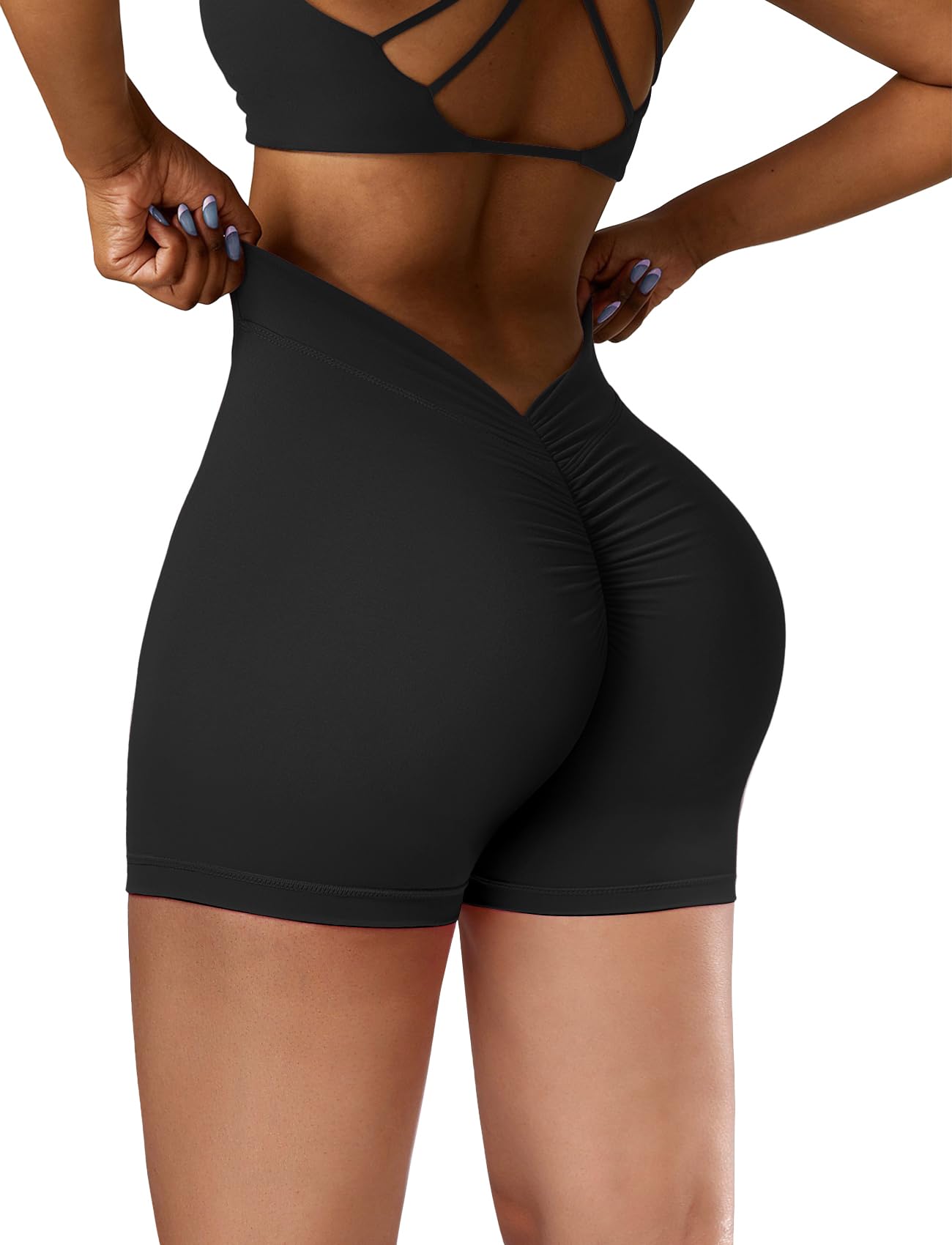 SEASUM Workout Shorts Women Sculpting V-Back Ruched Gym Shorts Booty Scrunch Butt Lifting Liz Yoga Deep V Back Shorts