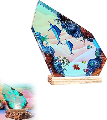 Resin Ocean Lamp, Epoxy Bedside Lamp, Ocean Theme Perspective Painting, Colored Lighting, Office, Desk, Bathroom or Bedroom Decor, Art Deco 6 * 4in