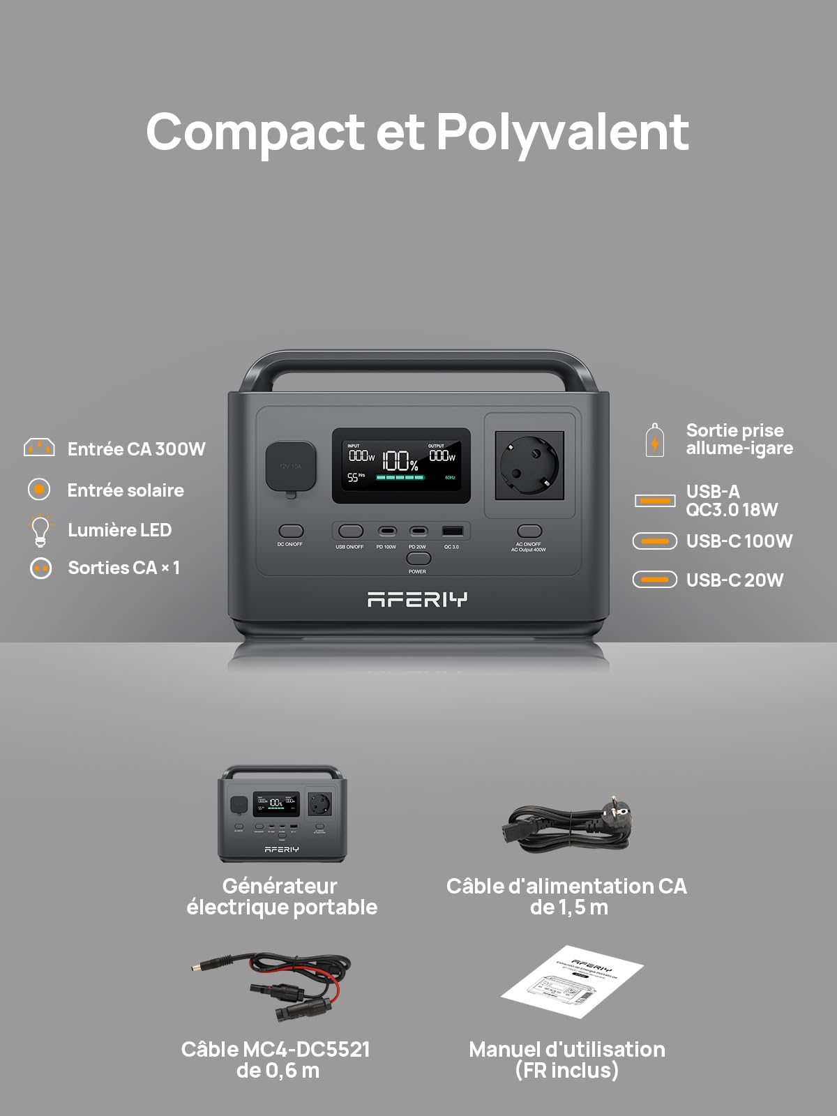 AFERIY P040 Générateur Électrique Portable 400W, Station Électrique Solaire 256Wh, Batterie Nomade LiFePO4, Sorties Variées, EU Prise 220-240V, UPS, BMS, Station Énergie Mobile Pour Camping, Domicile