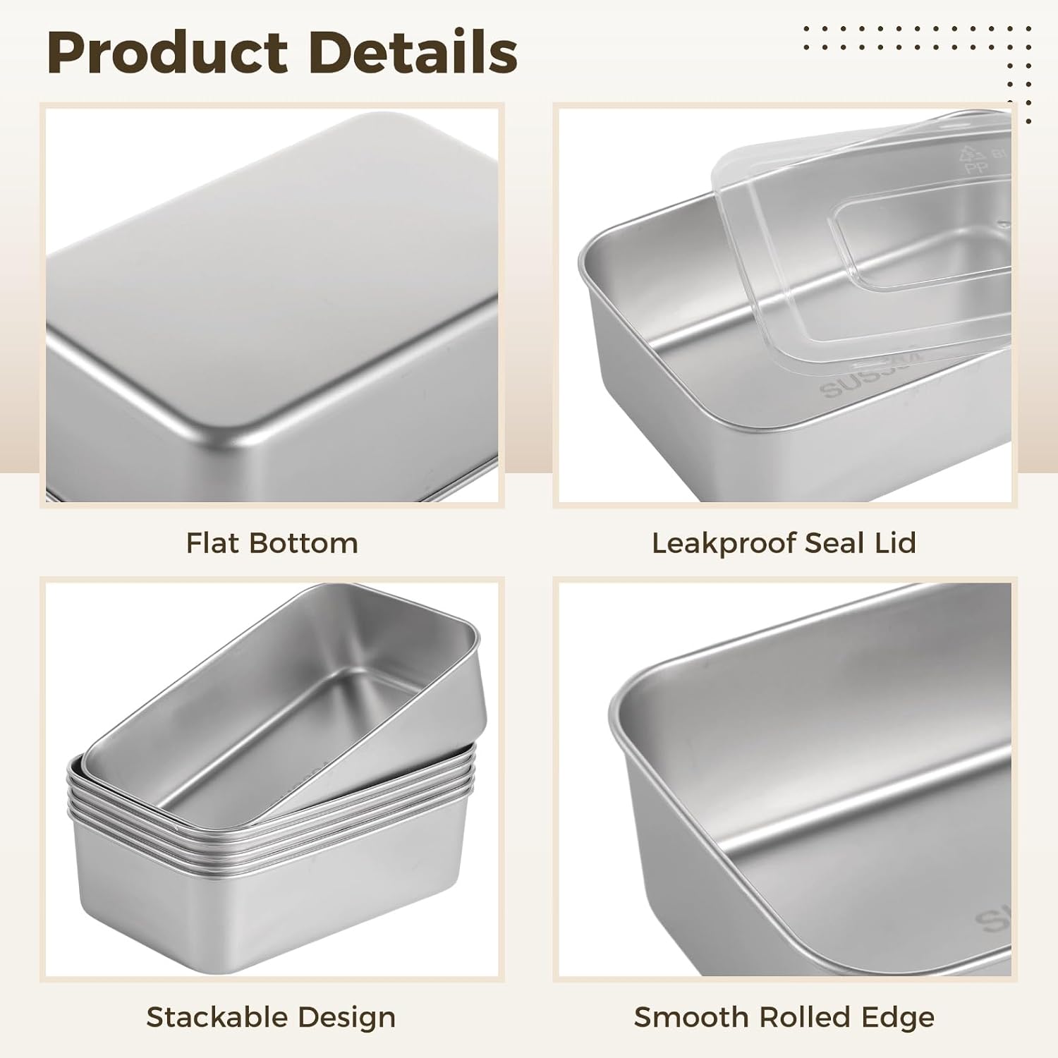 Homaisson 6 Pcs Stainless Steel Loaf Pan, Bread Baking Pans with Lids, Rectangle Cake Meatloaf Molds, Food Serving Pans, Ideal for Baking and Storage