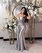 V Neck Satin Prom Dresses Long Mermaid Lace Evening Gown with Slit Pleated Bodycon Formal Dress FP32-18W Silver