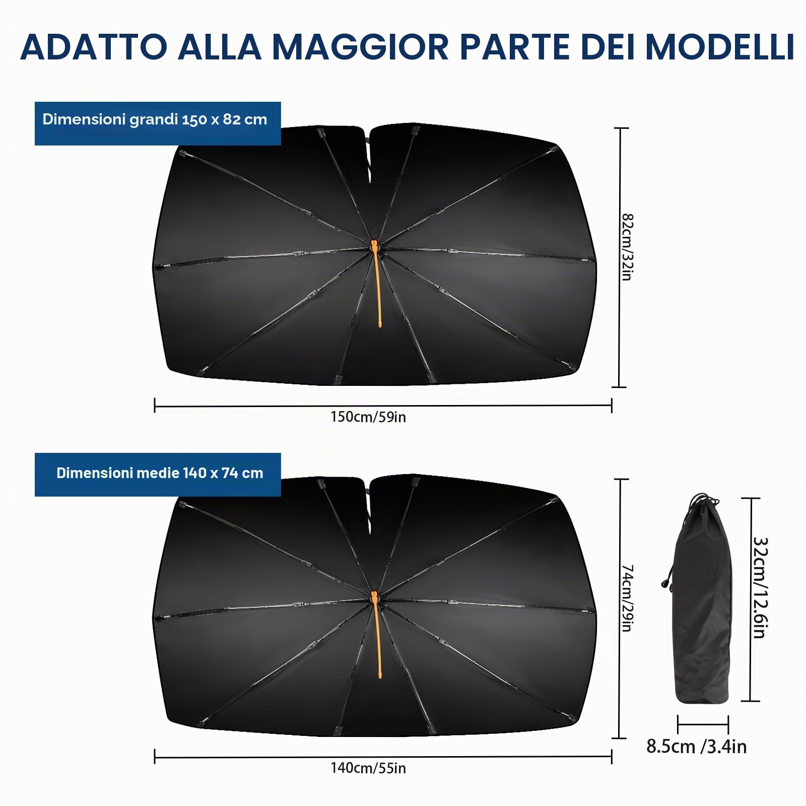 Parasole Parabrezza Auto 360° Rotante con Design a Molla Pieghevole 10 Nastri Protezione Solare Blocco UV Anteriore 140 * 74 cm