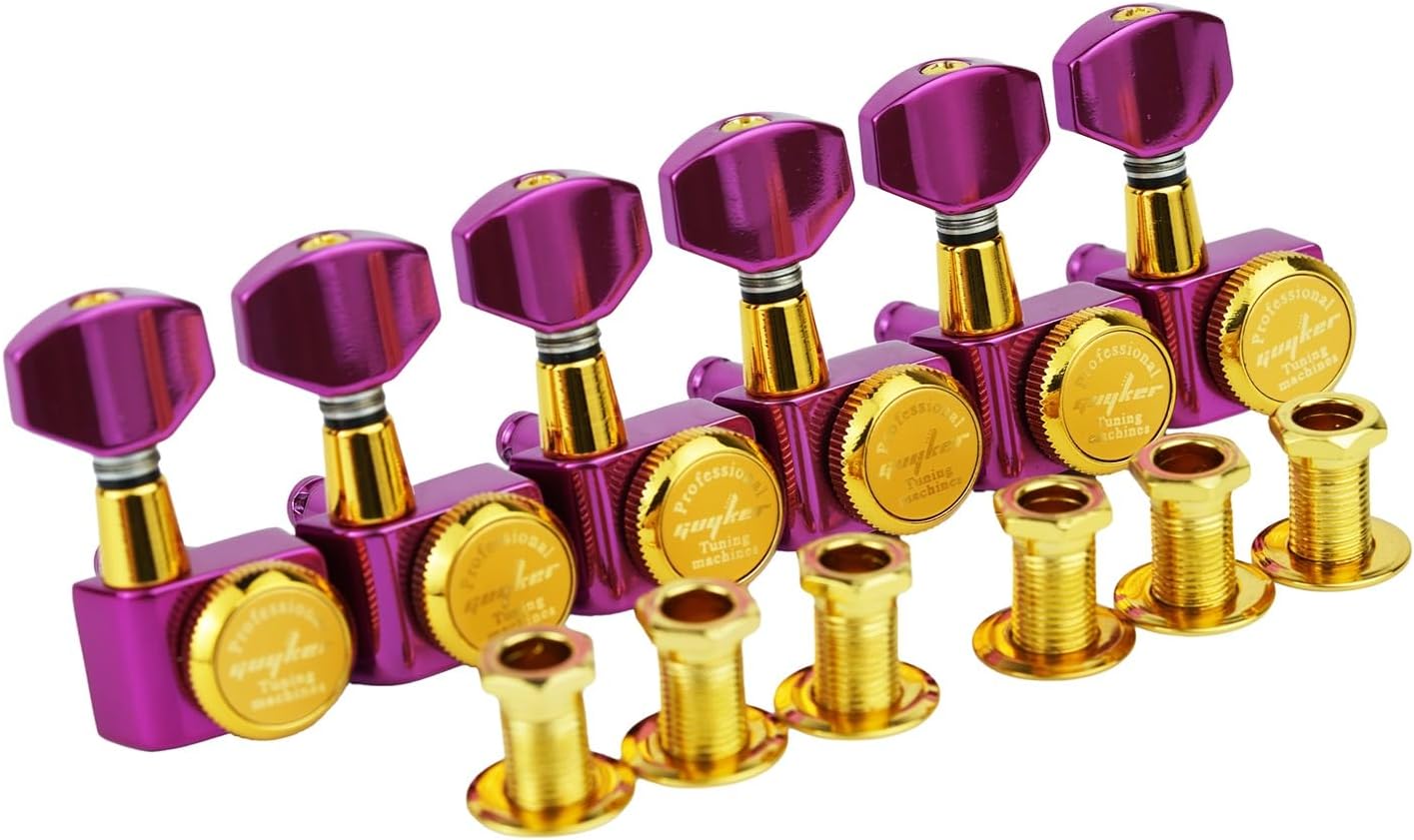 Guyker 6 In-line Guitar Locking Tuners, 1:18 Ratio 6R Lock String Tuning Key Pegs Machine Heads for Folk Classical Acoustic Electric Guitar - GKD434, Pink Gold