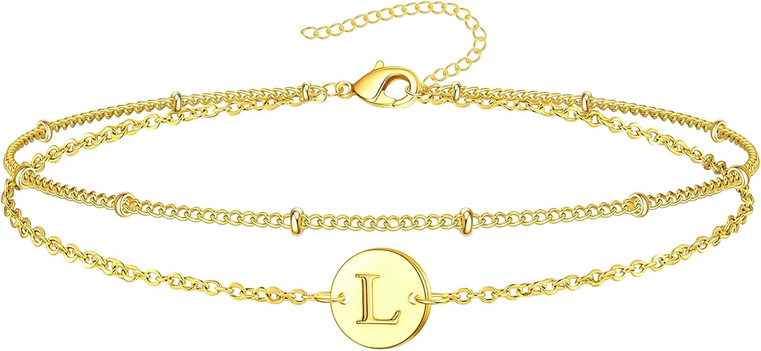 Inerney Personalized Gold Initial Bracelets for Women - Dainty 14K Gold Plated Layered Disc Monogram Charm Bracelet, Customizable A-Z Letter Jewelry Gift for Her