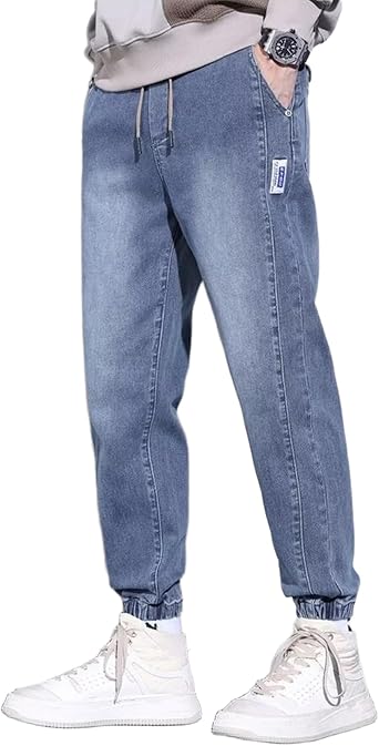 HBER Mens Denim Joggers Elastic Drawstring Waist Jean Sweatpants