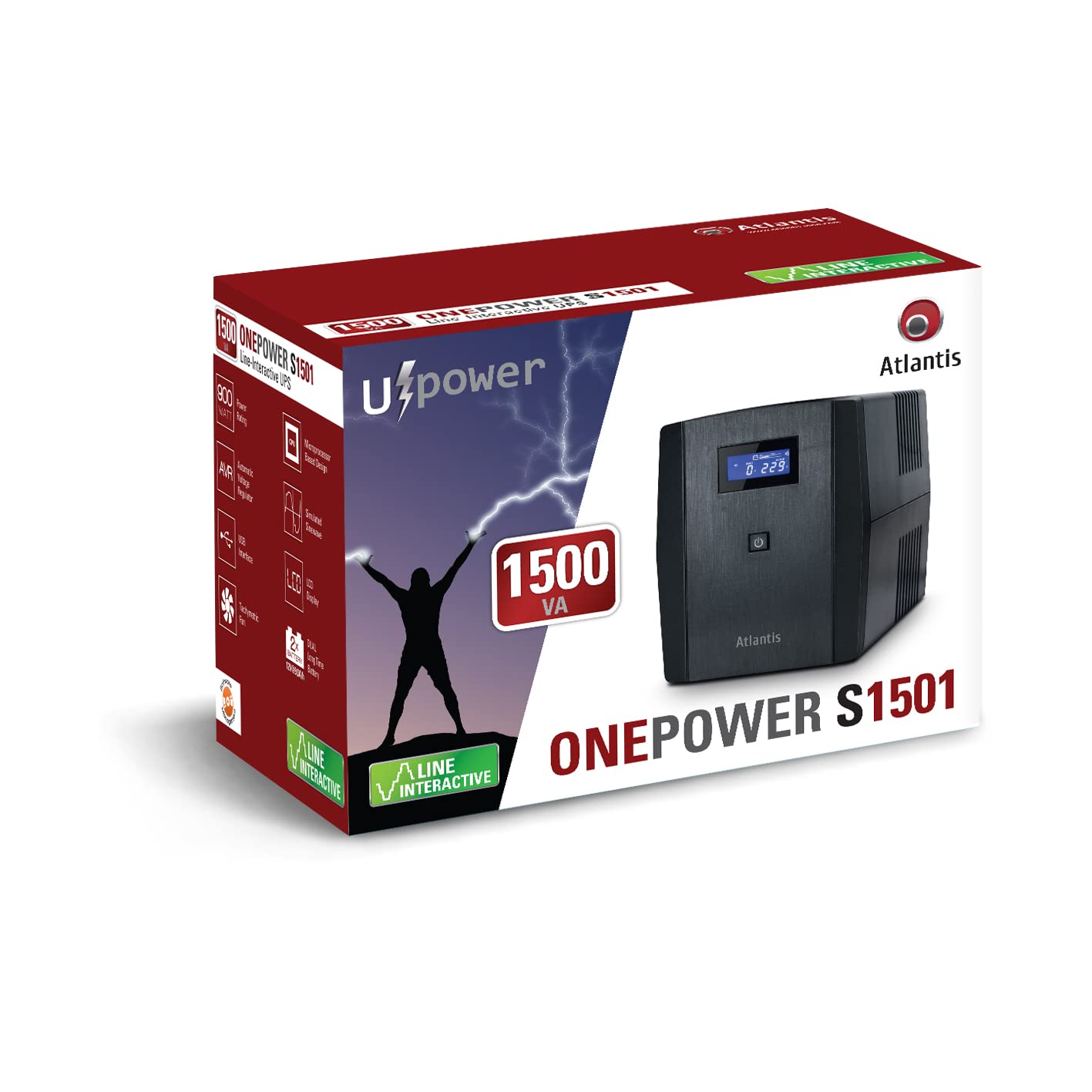 Atlantis onduleur UPS Line Interactive 1500VA/900W 2 × 9 Ah | Onde pseudo-sinusoïdale, stabilisateur de tension AVR à 3 étages, 3 IEC + 2 Schuko, 2 batt 12V 9Ah, conn USB, réf. A03-S1501