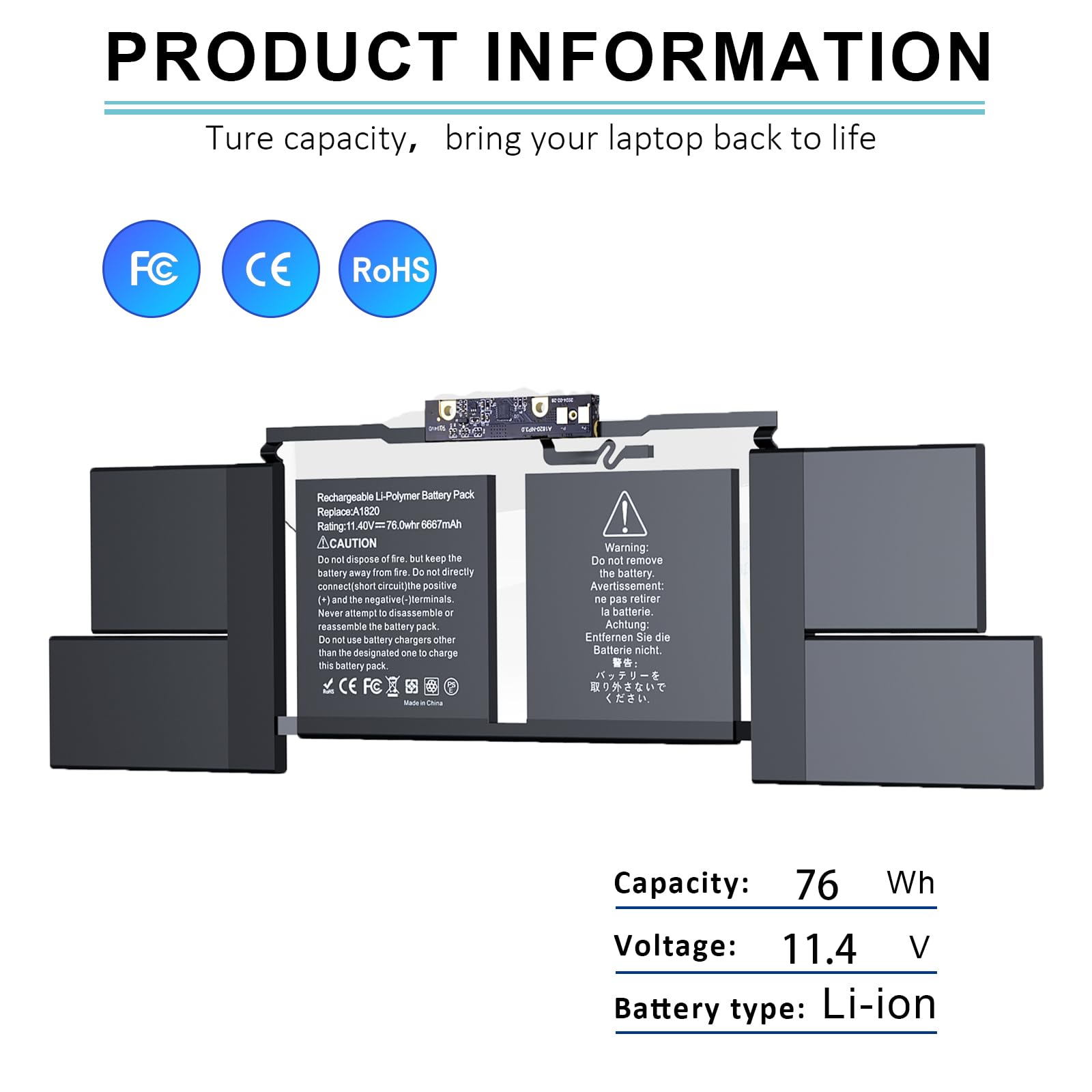 BNDeluxe Batteria di ricambio per laptop A1707 A1820 per MacBook Pro A1707 (2016, 2017) 15 pollici A1820 EMC 3162 3072 serie MLH32LL/A MLH42LL/A MLW72LL/A MLW72HN/A MLW82LL/A MPTR2LL/A 11.1.1. 4 V, 76