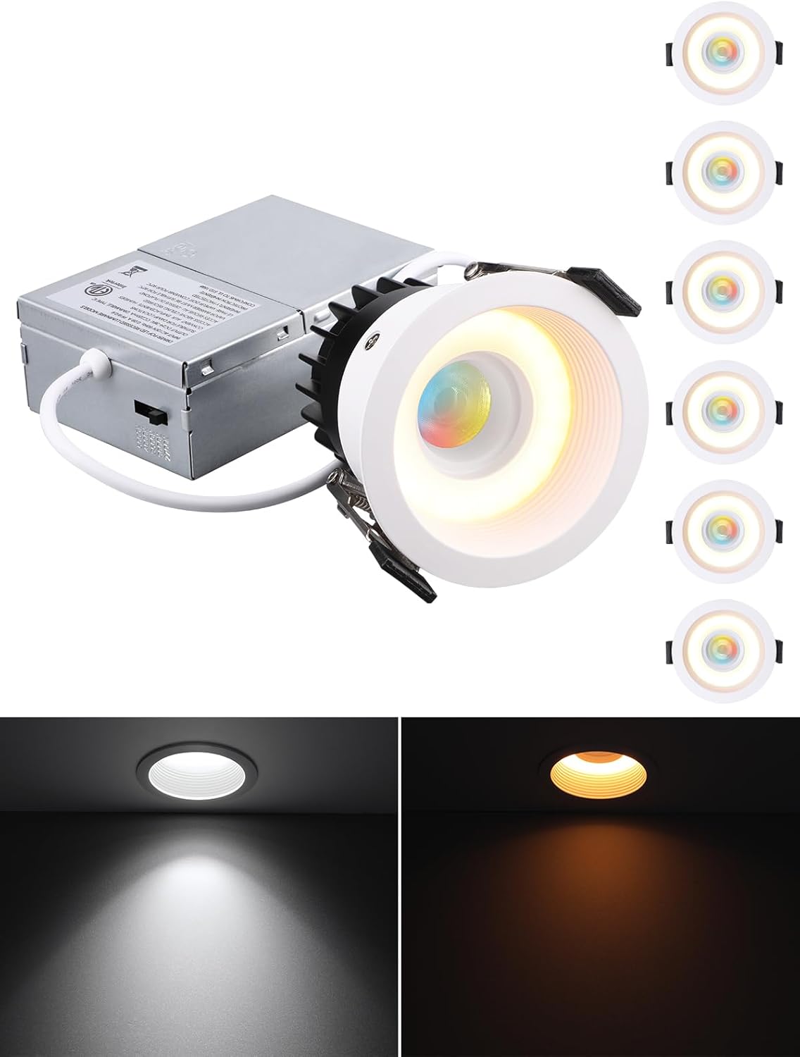 TORCHSTAR 5CCT 2 Inch LED Recessed Lighting with Night Light, Dimmable & 2700K-5000K Selectable, CRI90 Anti-Glare Baffle Trim Recessed Down Light for Hallway Bedroom Kids Room, ETL, Pack of 6