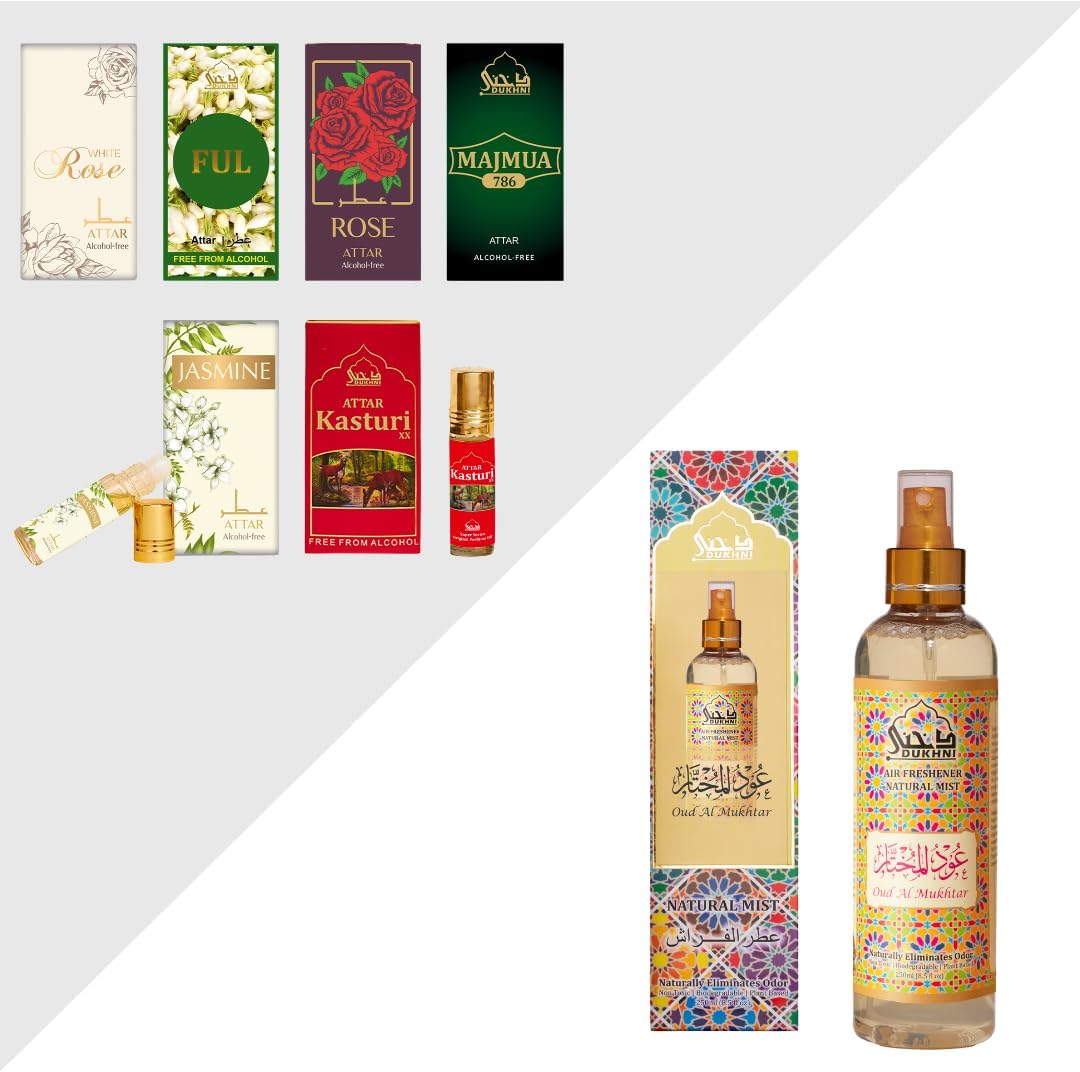 Oud Room & Linen Spray, Floral Attar Oil Set by Dukhni | 250ml Oudh Air Fresheners | 6 bottles x 6ml each | Oud-based room & linen sprays & Fragrance Oils | Perfect for Prayer Time & Gifting