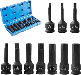10 Piece 1/2" Power Allen Wrench Impact Wrench Nuts Set Socket Wrench CR-MO Hex Bit Socket with Box for Allen Screws