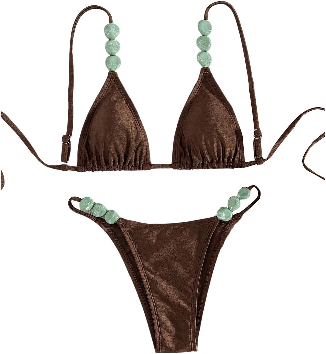 OYOANGLE Women's Triangle Thong Bikini Set 2 Piece String High Cut Swimsuits Bathing Suits