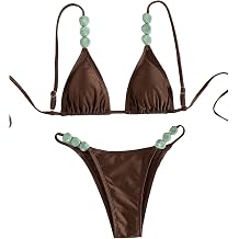 OYOANGLE Womens Triangle Thong Beaded Bikini Set 2 Piece String High Cut Swimsuits Bathing Suits