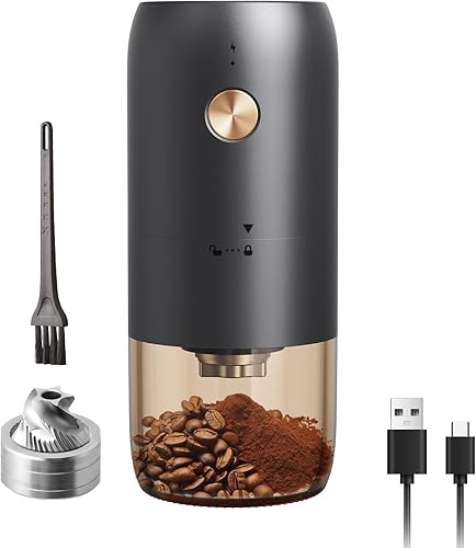 ELMWAY - Molinillo de café eléctrico portátil con rebabas de acero inoxidable y ajuste de grosor interno, compacto para viajes y uso doméstico,