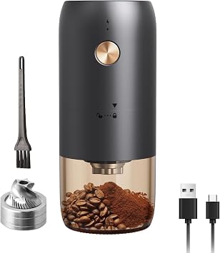 Portable Electric Burr Coffee Grinder by ELMWAY - Rechargeable Mini Coffee Grinder with Stainless Steel Burr & Internal Coarseness Adjustment, Compact for Travel & Home Use - Black