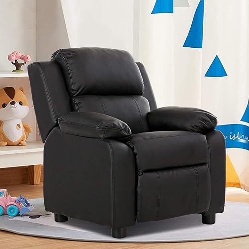 Miniatura 8 de ReunionG Sofá reclinable para niños, sillón de cuero para niños con reposapiés, reposacabezas, silla reclinable de juegos para sala de estar,