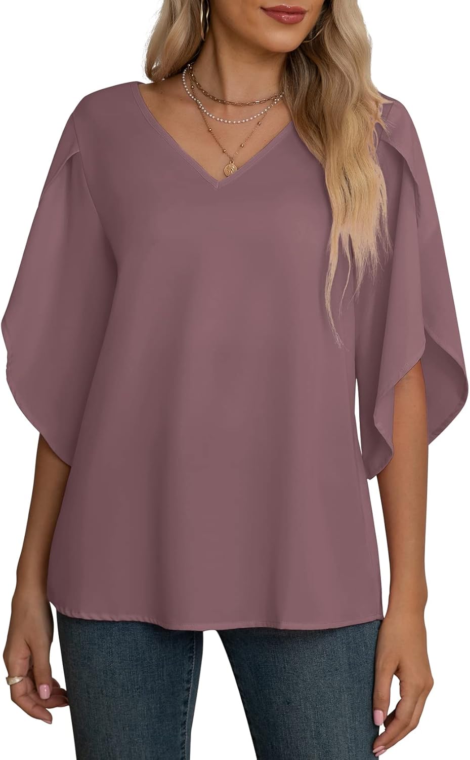 Jouica Women Blouses Casual Chiffon Tops Summer 3/4 Ruffled Sleeve Blouse for Women - Image 4