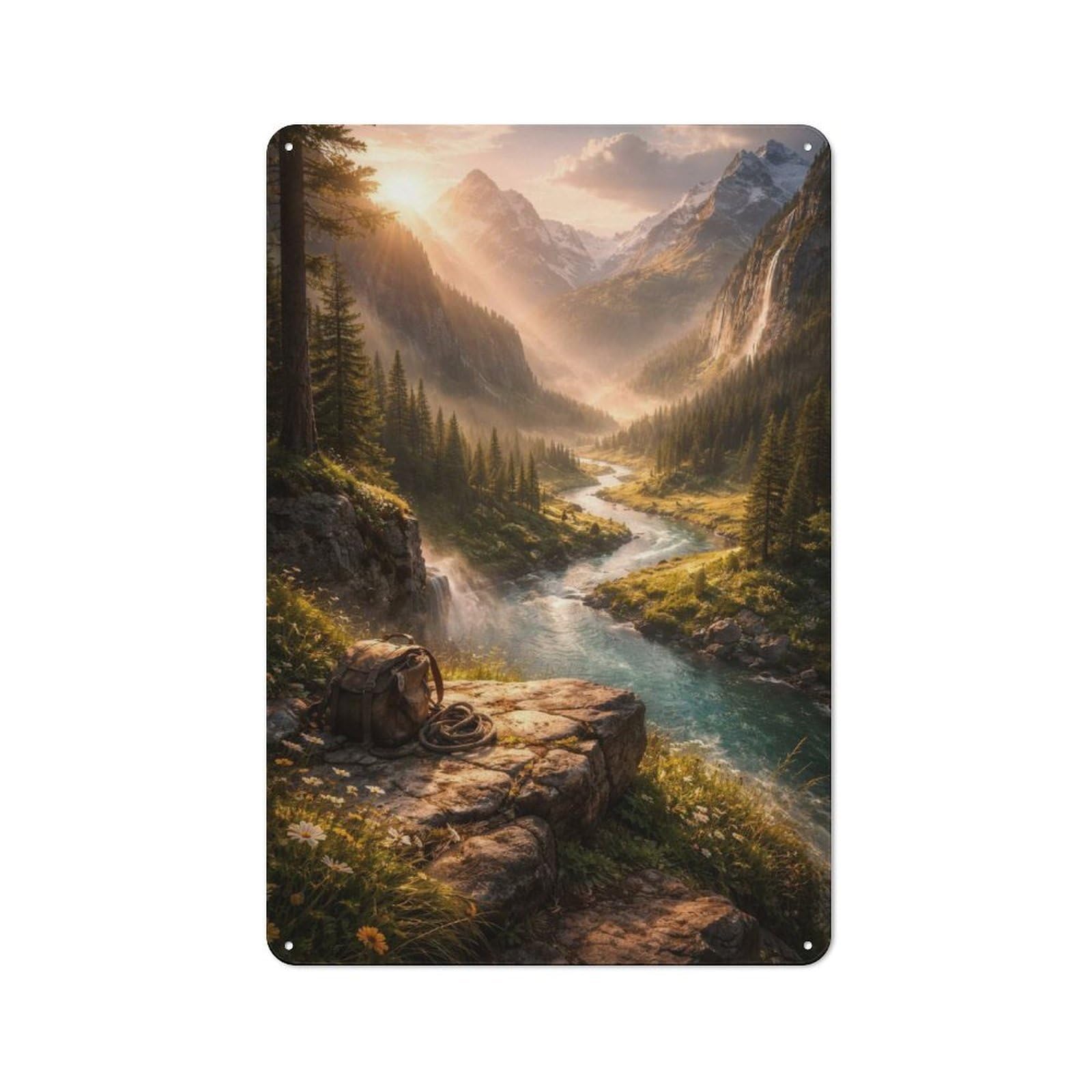 Junmoney Style-17 Tin Wall Plaque 30X20cm With Serene Mountain Valley With River And Backpack For Bar Or Restaurant, For Hospitality Decor Collectors