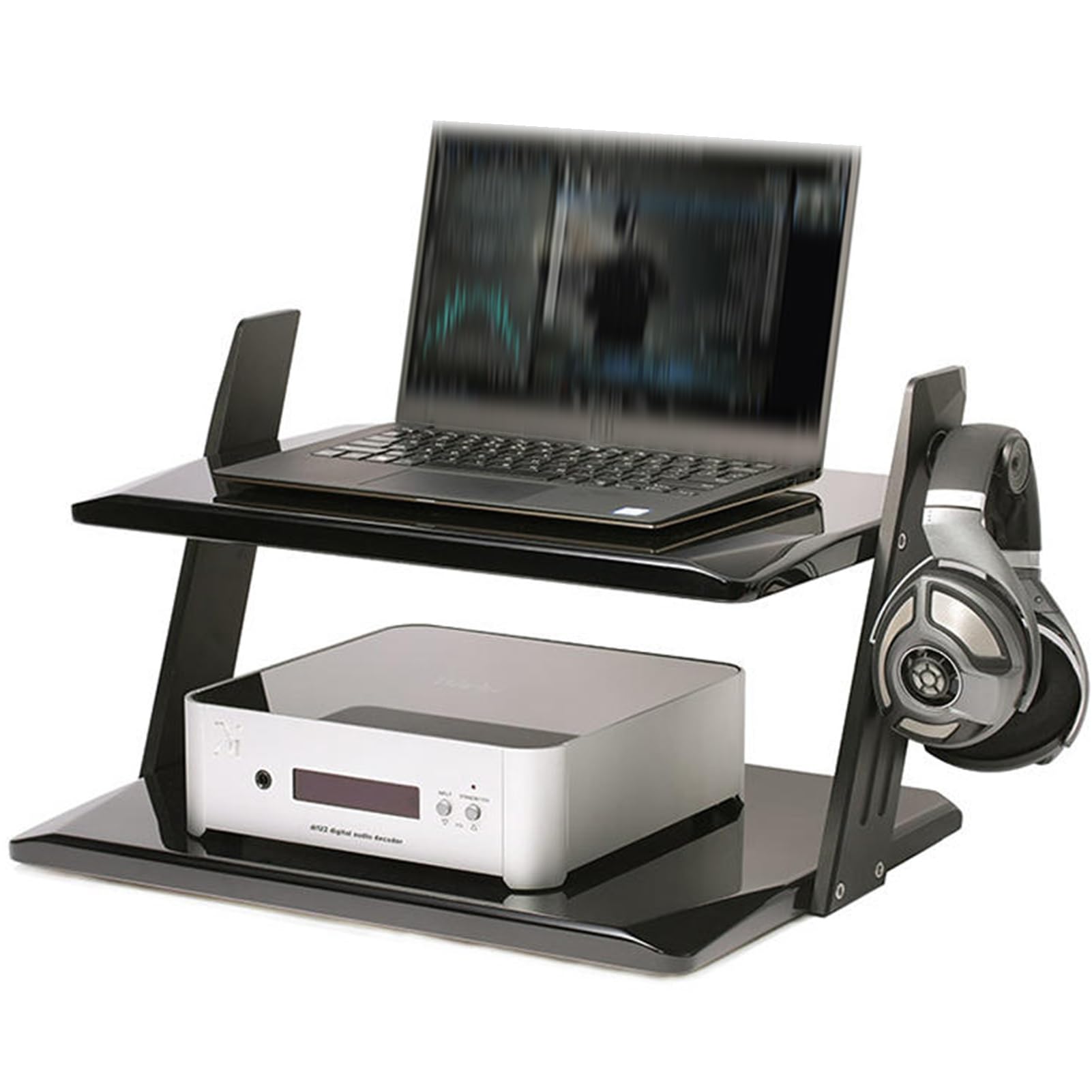 Gabinete de almacenamiento estable de aleación de aluminio de 2 niveles con absorción de golpes, diseño central trasero, soporte de carga resistente, perfecto para jugadores y creadores de contenido