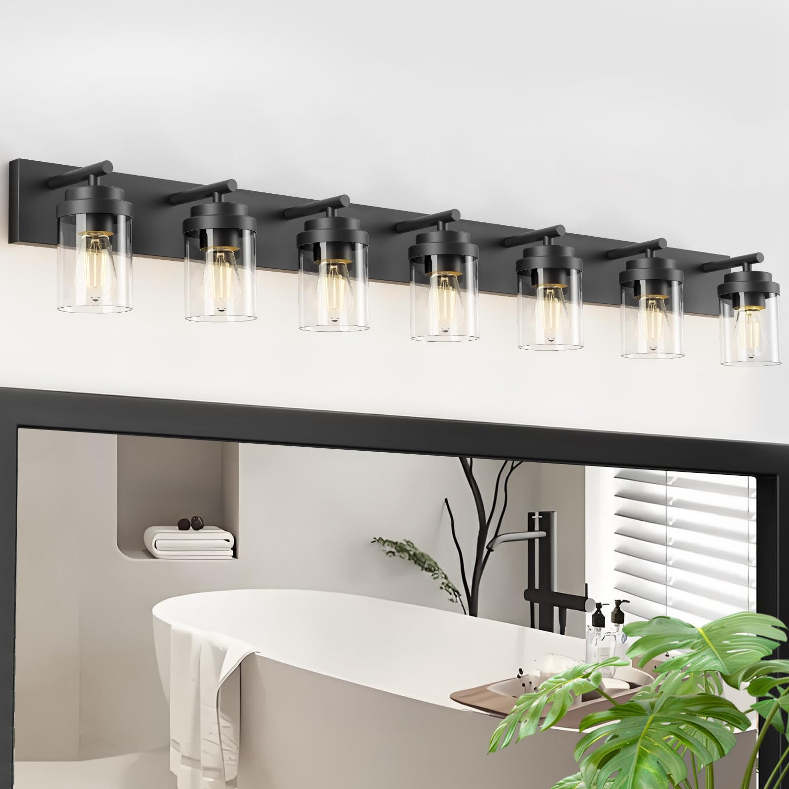 IZORRO Bathroom Vanity Light Fixture, 7-Light 51 Inch Matte Black Bathroom Light Fixtures Over Mirror, with Clear Glass Shade, Modern Farmhouse Vanity Lights, Rustic Restroom Lighting Fixtures