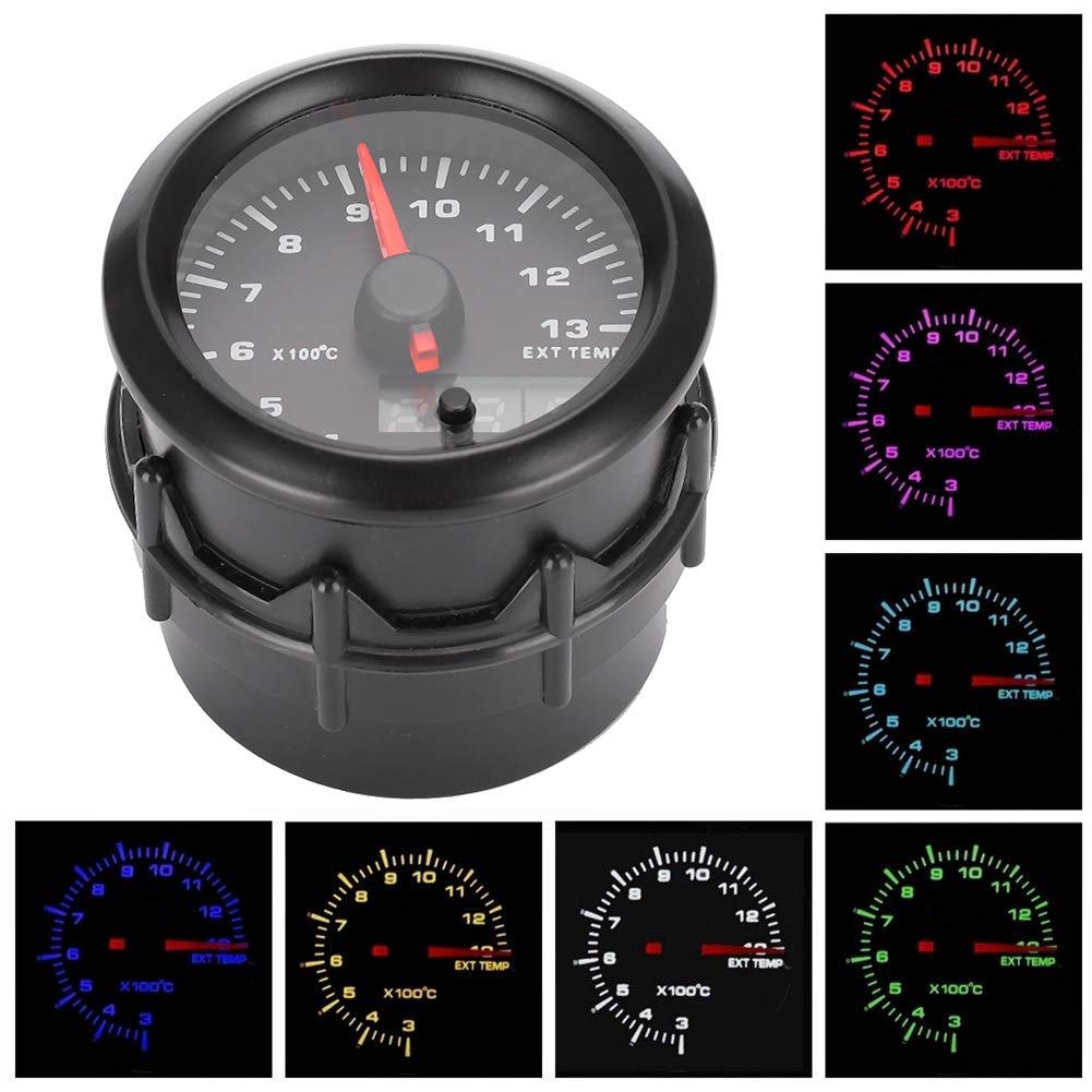 Qiilu Jauge de température de gaz d'échappement de voiture 2in 52mm, jauge de température de gaz d'échappement DC 12 V 7 couleurs Auto voiture numérique LED EGT mètre avec capteur